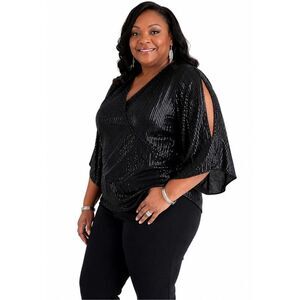 GRACE KARIN 1X2X Black Sequin Blouse Glitter V Neck Split Sleeve Dressy Party To